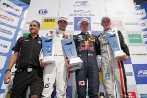 Prize giving ceremony, 1 Lance Stroll (CAN, Prema Powerteam, Dallara F312 - Mercedes-Benz), 10 Niko Kari (FIN, Motopark, Dallara F312 - Volkswagen), 22 Joel Eriksson (SWE, Motopark, Dallara F312 - Volkswagen), FIA Formula 3 European Championship, round 9, race 1, Imola (ITA), 30. September - 2. October 2016