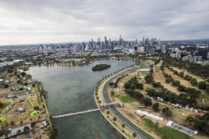 MELBOURNE GRAND PRIX CIRCUIT, AUSTRALIA - MARCH 24: An aerial view of the circuit and surrounding area during the Australian GP at Melbourne Grand Prix Circuit on March 24, 2018 in Melbourne Grand Prix Circuit, Australia. (Photo by Zak Mauger)